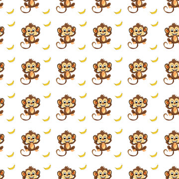 Seamless pattern with jungle monkey and bananas. Cute little monkey cartoon on white background, forest animal watercolor illustration
