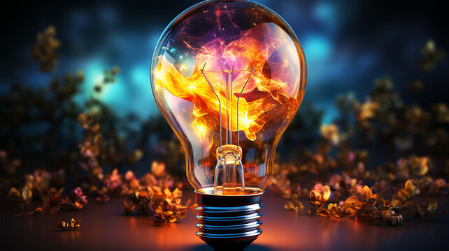 Burst of Brilliance: A Glowing Neon Light Bulb Symbolizes the Birth of Innovative Ideas