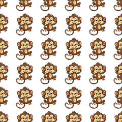 Seamless pattern with jungle monkey. Cute little monkey cartoon on white background, forest animal watercolor illustration