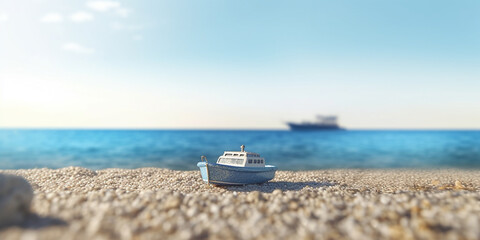 Obraz premium Miniature Toy Boat at a Beach with Crystal Clear Water of the Sea AI generated