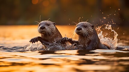 two otters swimming in water