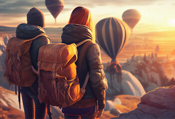 illustration of group of tourist people with backpack watch r balloons in cappadocia mountns at down .