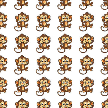 Seamless pattern with jungle monkey. Cute little monkey cartoon on white background, forest animal watercolor illustration