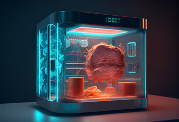 illustration of pieces of raw cultured meat in laboratory grown in an incubator. - obrazy, fototapety, plakaty