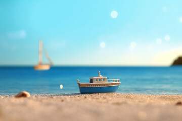 Obraz premium Miniature Toy Boat at a Beach with Crystal Clear Water of the Sea AI generated