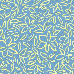 Abstract, simple flowers with leaves seamless repeat pattern. Random placed, line vector botany all over surface print.