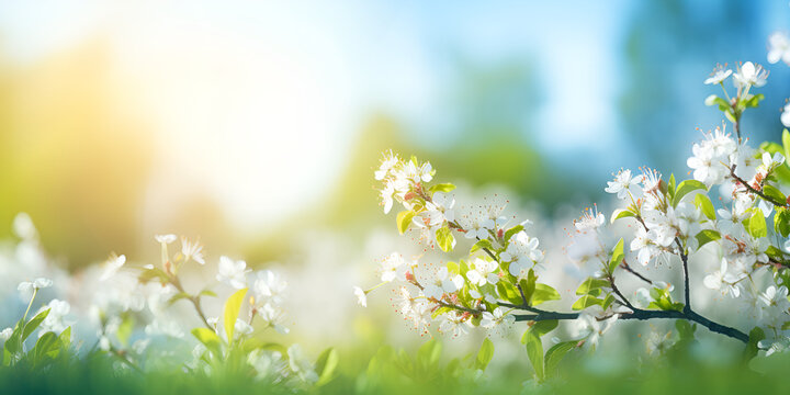 Blurred spring background nature with blooming glade, Beautiful Blooming Glade in Spring