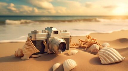 a camera on a beach - obrazy, fototapety, plakaty