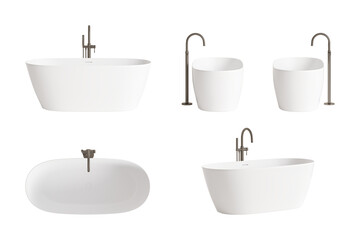 Set of five angles of a modern white freestanding bathtub with a matte black water faucet. Front view, side views, top view, perspective. 3d render