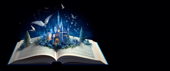 Dark banner of open book with a fantasy world popping out. World book day. - obrazy, fototapety, plakaty