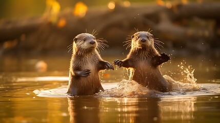 two otters on a log in water - Powered by Adobe