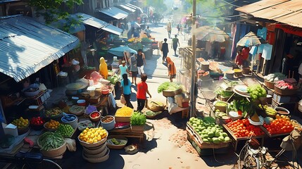 a street market with lots of fruits - Powered by Adobe