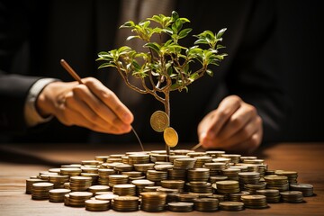 Financial Investment Business Man Cultivating a Money Tree. Sustainable Finance Concept.