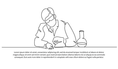 Continuous line design of the man doing lab testing. Decorative elements are drawn on a white background.