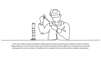 Continuous line design of the man doing lab testing. Decorative elements are drawn on a white background.