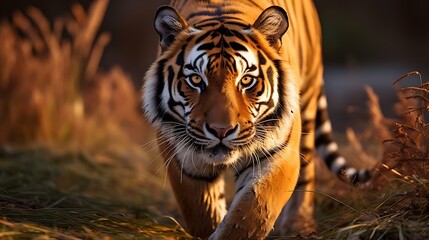 a tiger walking through grass