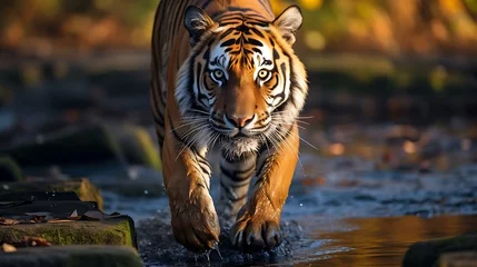 Rolgordijnen a tiger walking in water © KWY