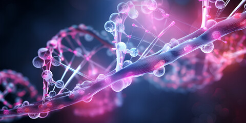 DNA genome decoding colorful design concept. Purple macro fantasy of a digital microscope. Laboratory research of molecular particles 3D illustration - obrazy, fototapety, plakaty