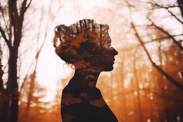 Double exposure silhouette with orange autumn foliage outline portrt of confident woman,