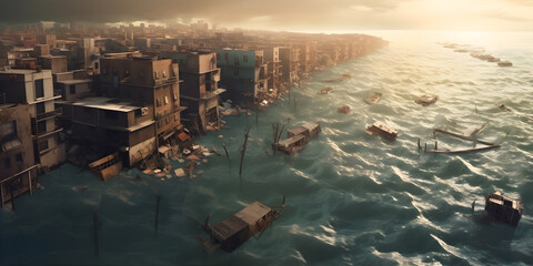 A coastal city engulfed by rising sea levels, with submerged buildings - obrazy, fototapety, plakaty