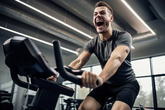 Revving up for Wellness: Young Man Crushing Cardio Goals with Exercise Bike. Generative AI.