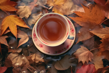 tea with honey and spices on autumn leaves, postcard concept,