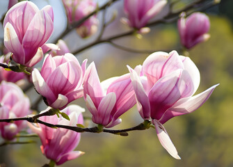 Fototapeta na wymiar Pink spring magnolia flowers branch- ai generative