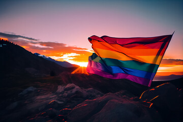 Colorful pride flag on top of a mountn,