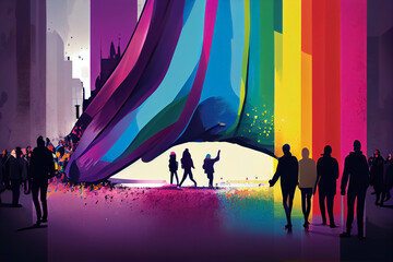 silhouette of people on the background of the rnbow city. Pride concept,
