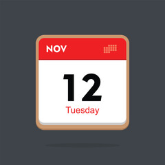 tuesday 12 november icon with black background, calender icon