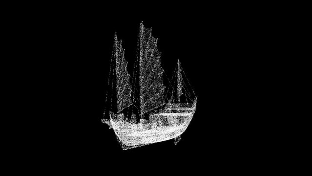 3D Chinese junk rotates on black background. Classic Chinese sailing vessel ancient. Hong Kong junk boat. Wooden Chinese sailboat. For title, text, presentation. 3d animation 60 FPS