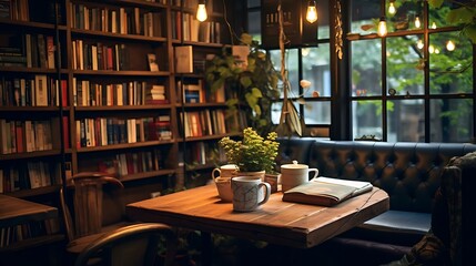 a table with a book and a plant on it in front of a window