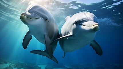 a group of dolphins swimming in the water - obrazy, fototapety, plakaty