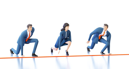 Fototapeta premium Business people stay in starting position, people ready for the race. Competition, professional tests, personal achievements concept 3D rendering illustration