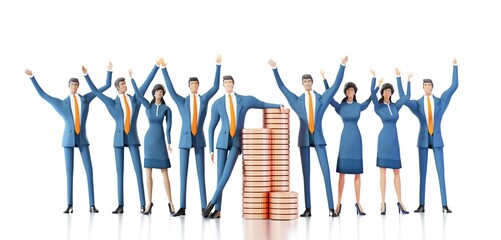 Successful business team stay next to golden stacks Achievement, professionalism, advisory concept 3D rendering illustration