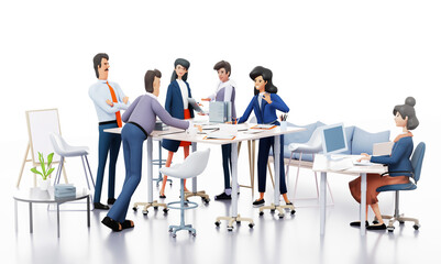 Successful team of business people working together in office, collaborating on a project, talking and sharing ideas. 3D rendering illustration