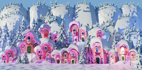 Cute fairy village decorated for Christmas with Christmas tree in the centre. 3D rendering Illustration 