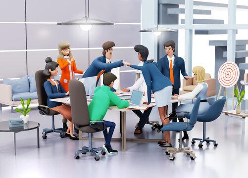 Successful team of business people working together in office, collaborating on a project, talking and sharing ideas. 3D rendering illustration