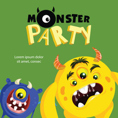 Monster Party banner design template. Cute cartoon monster mascots. Best for invitations, greeting cards etc. Vector illustration.