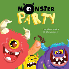Monster Party banner design template. Cute cartoon monster mascots. Best for invitations, greeting cards etc. Vector illustration.