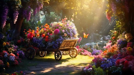 a carriage with flowers in a garden - obrazy, fototapety, plakaty