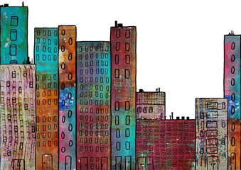 Colorful mixed media cityscape, digital collage and digital drawing 
