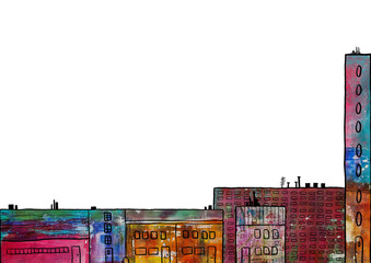 Colorful mixed media cityscape, digital collage and digital drawing 