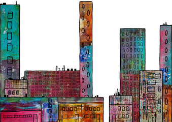 Colorful mixed media cityscape, digital collage and digital drawing 