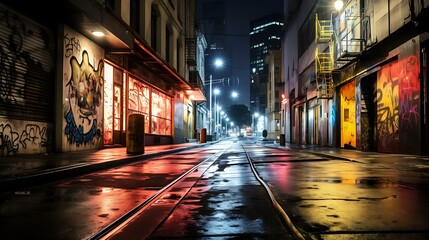 a wet street at night