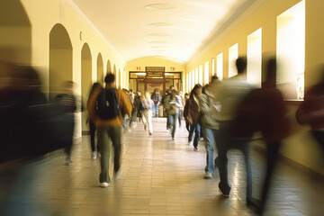 Fototapeta Blurred shot of high school students walking up the strs between classes in a busy school building, obraz