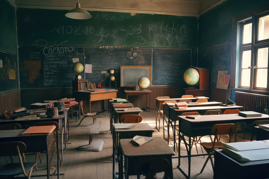 Destroyed school after terrorist attack with old empty school corridors,