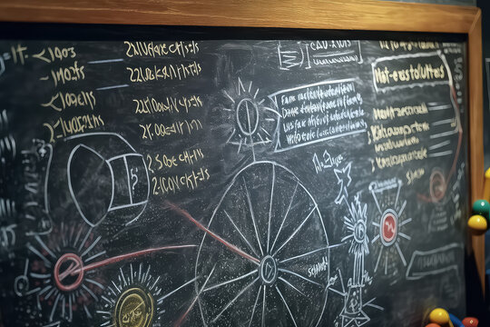 Blackboard with the inscription of scientific formulas and calculations in physics and mathematics.