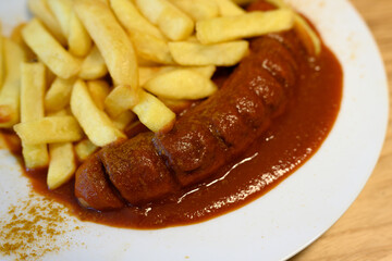 Curry Sausage or Currywurst with Sauce an French Fries in the Hamburg Style