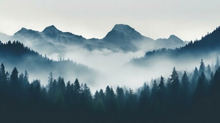 a foggy forest with mountains